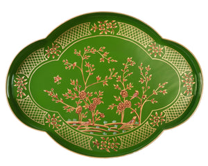 INCREDIBLE CHINOISERIE MOSSY GREEN/GOLD SCALLOPED TRAY